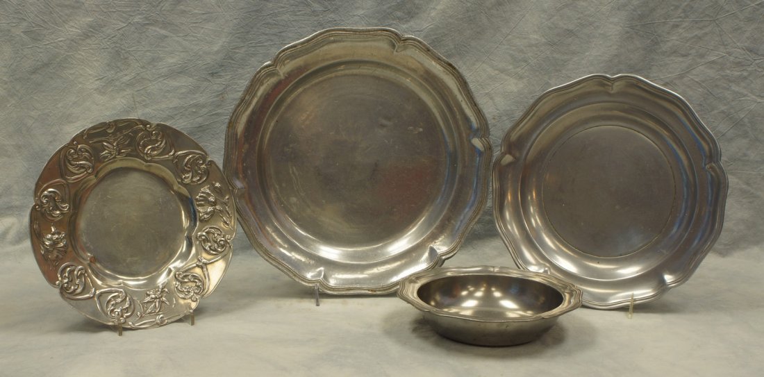 4 pcs pewter, 19th c round scalloped bowl, 9",: 4 pcs pewter, 19th c round scalloped bowl, 9", Kayserzinn plate w/floral border, 10 3/4" d, Wilton charger, 14", Stede charger , 12 1/4"