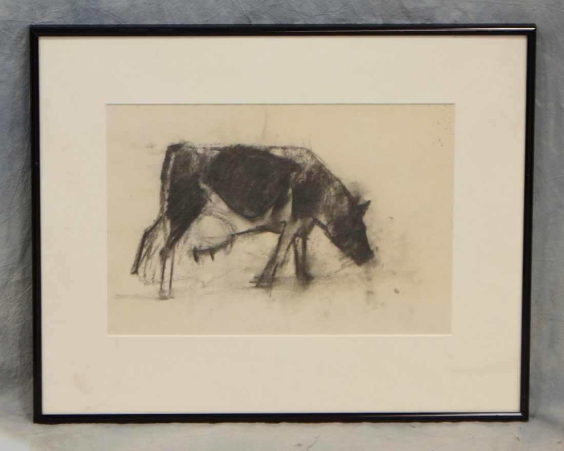 Tom Bostelle, American, PA, 1921-2005, Charcoal on: Tom Bostelle, American, PA, 1921-2005, Charcoal on paper, Cow, 91/2" x 14" sight size, Bears estate stamp and accompanied by letter of authenticity from the artist's estate