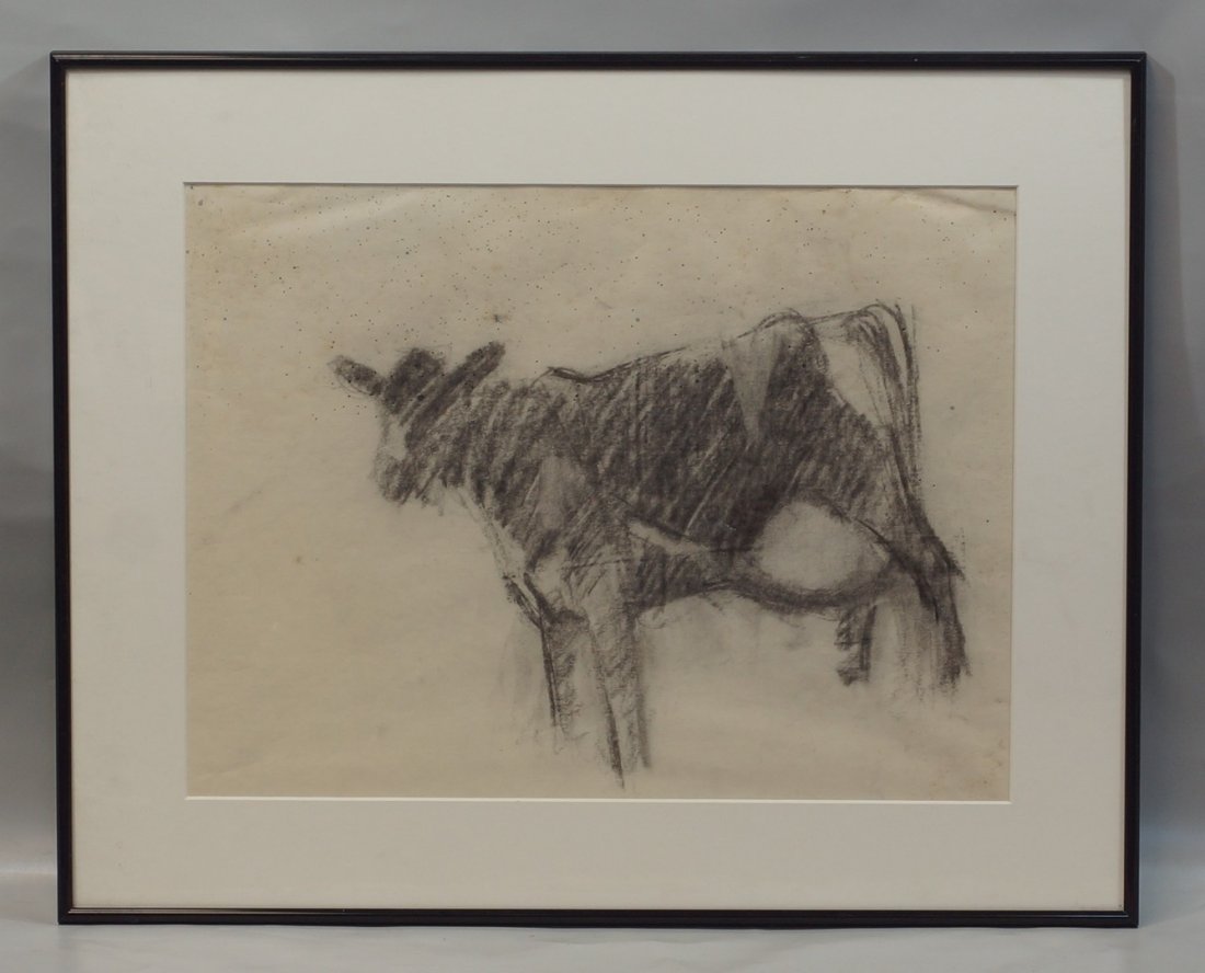 Tom Bostelle, American, PA, 1921-2005, charcoal on: Tom Bostelle, American, PA, 1921-2005, charcoal on paper, Cow, 15" x 20" sight size, 21" x 26" framed, Speckled and some discoloration to paper, Bears estate stamp and accompanied by letter of authent