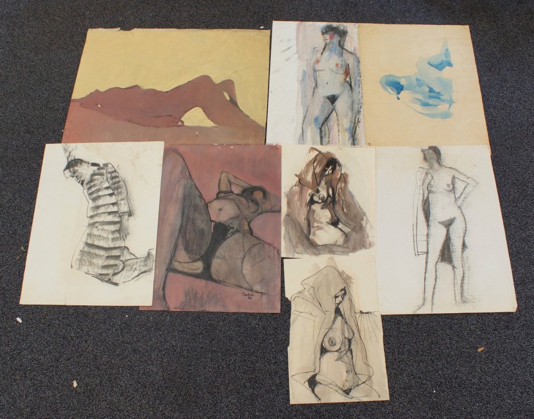 Tom Bostelle, American, PA, 1921-2005, Portfolio of: Tom Bostelle, American, PA, 1921-2005, Portfolio of (8)Nudes, all unframed: Smallest measuring: 17" x 14"; Largest measuring: 21 1/2" x 30", Areas of discoloration, foxing, and some damage to edges, B