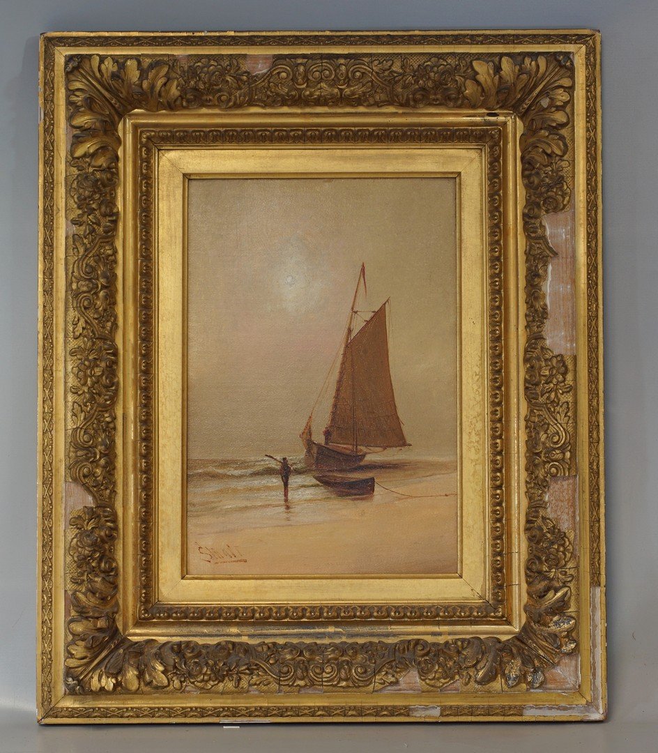 Alexander Charles Stuart, Scottish/American, PA,: Alexander Charles Stuart, Scottish/American, PA, 1831-1898, Oil on board, "Drying the Sails", Signed lower left, 13" x 9" sight size, 22" x 18" framed, In period gilt frame with extensive damage, Stua