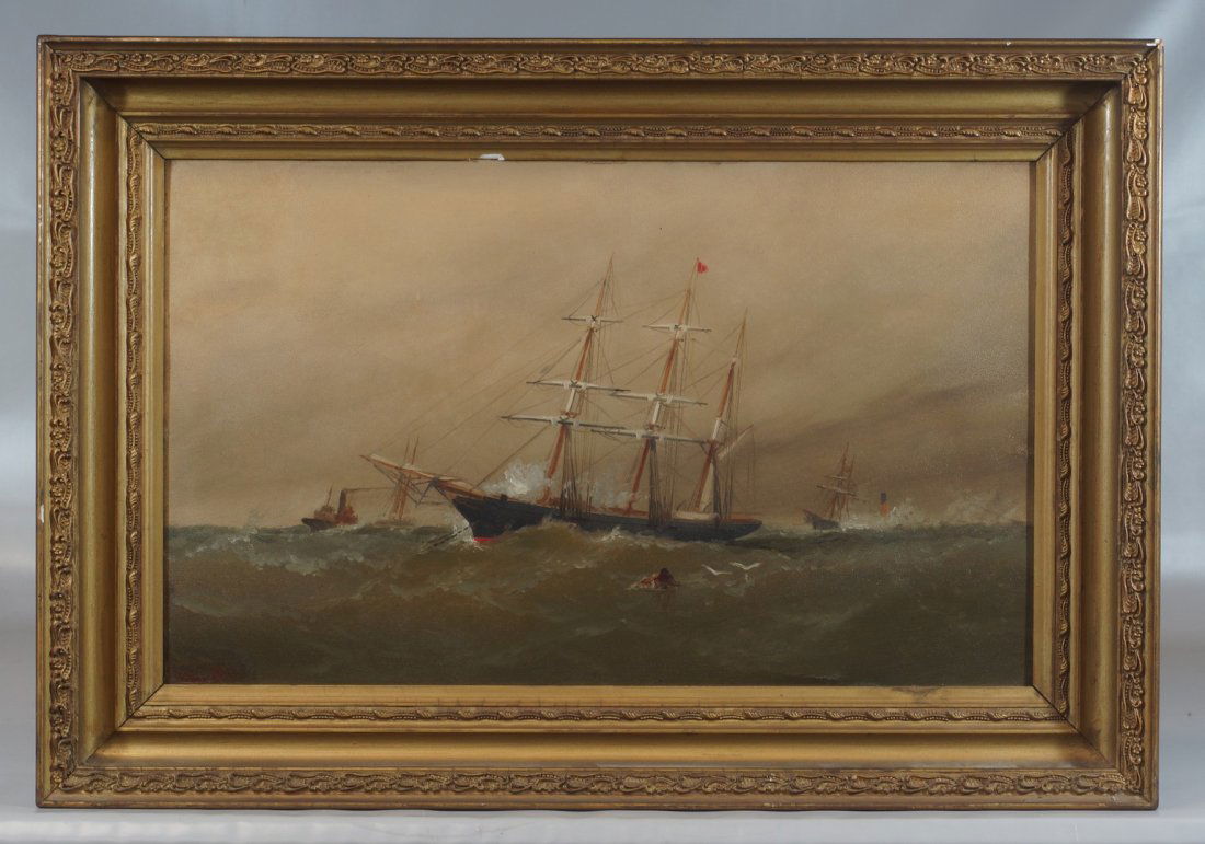 Alexander Charles Stuart, Scottish/American, PA,: Alexander Charles Stuart, Scottish/American, PA, 1831-1898, Oil on board, Signed lower left, "Storm", 14 1/2" x 24" sight size, 20 1/2" x 30 1/4" framed, With F. Weber &Co. Academy Board label on vers