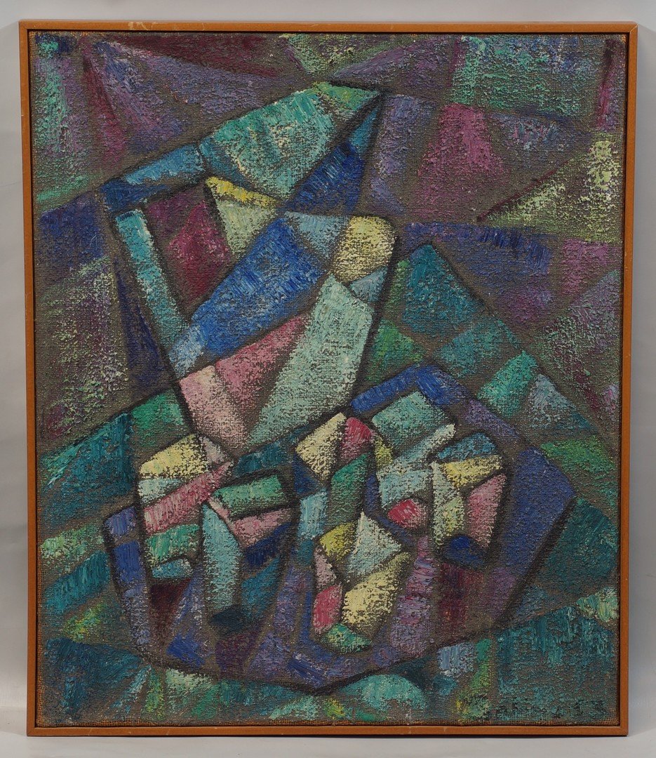 Unknown Artist, Continental School, Mid 20th Century,: Unknown Artist, Continental School, Mid 20th Century, Oil on burlap, Cubist Scene, Signed illegibly and dated 1953 lower right, also signed and dated on verso, 22" x 19" overall
