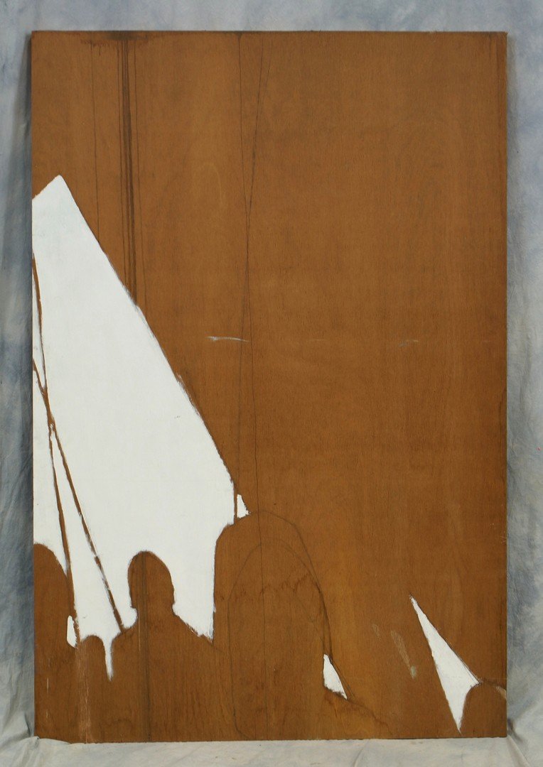 Tom Bostelle, American, PA, 1921-2005, Acrylic on: Tom Bostelle, American, PA, 1921-2005, Acrylic on luan, Figures Behind Curtain, 72" x 48", Bears estate stamp and accompanied by letter of authenticity from the artist's estate