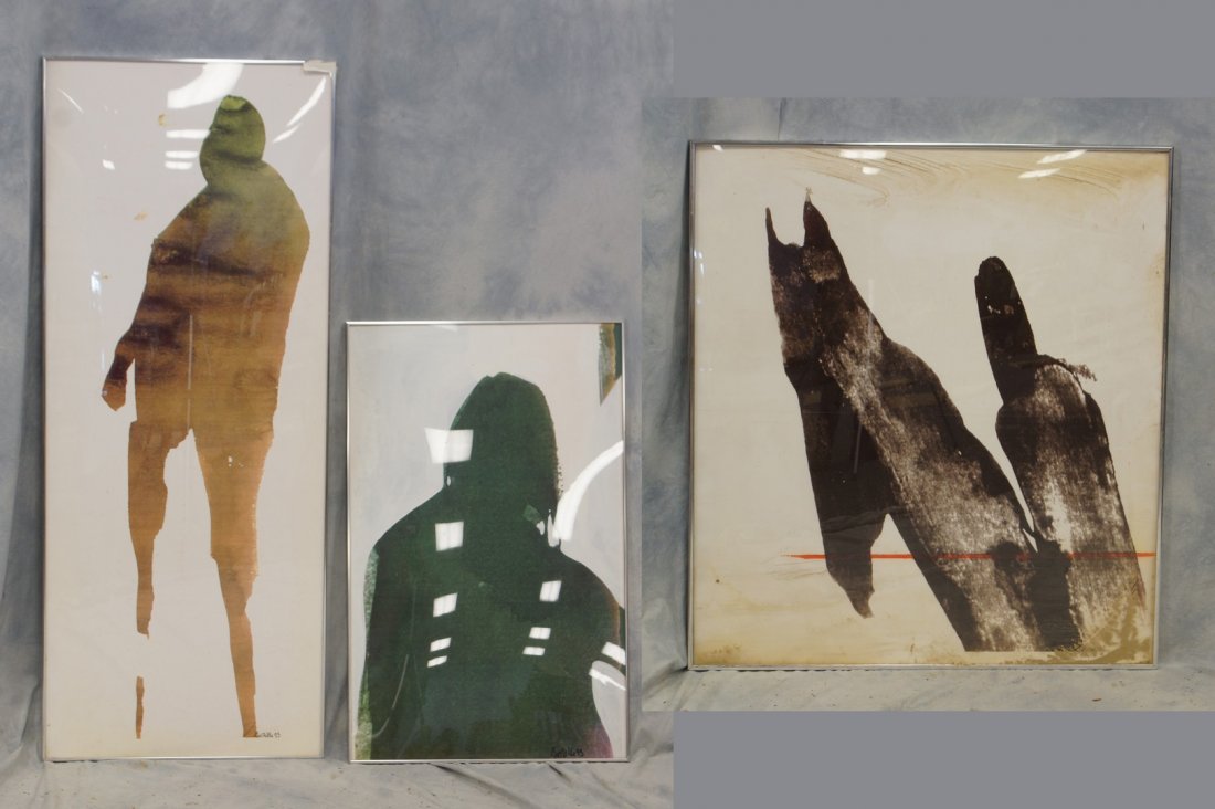 Tom Bostelle, American, PA, 1921-2005, (3) Framed laser: Tom Bostelle, American, PA, 1921-2005, (3) Framed laser monoprints with pigment: "Photo Finish", 41-1/2" x 46-1/2"; with 2 abstract figure prints, Bears estate stamp and accompanied by letter of authe