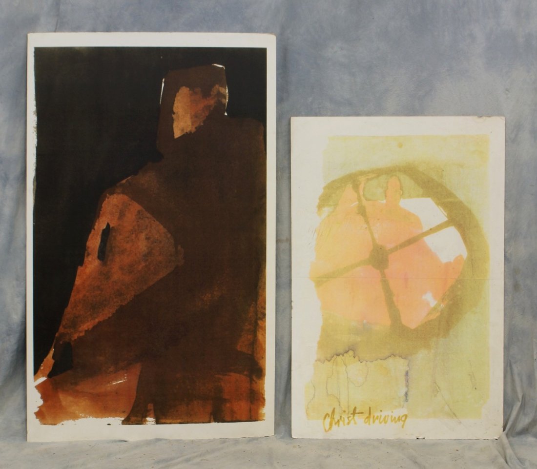 Tom Bostelle, American, PA, 1921-2005, (2) Laser: Tom Bostelle, American, PA, 1921-2005, (2) Laser monoprints on foam core: Brown Man, 57" x 35"; "Christ Driving", Bears estate stamp and accompanied by letter of authenticity from the artist's estate