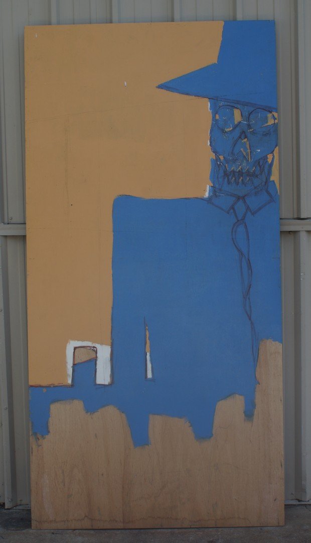 Tom Bostelle, American, PA, 1921-2005, Acrylic on: Tom Bostelle, American, PA, 1921-2005, Acrylic on luan, Blue Man Skeleton, 8' x 4', Bears estate stamp and accompanied by letter of authenticity from the artist's estate
