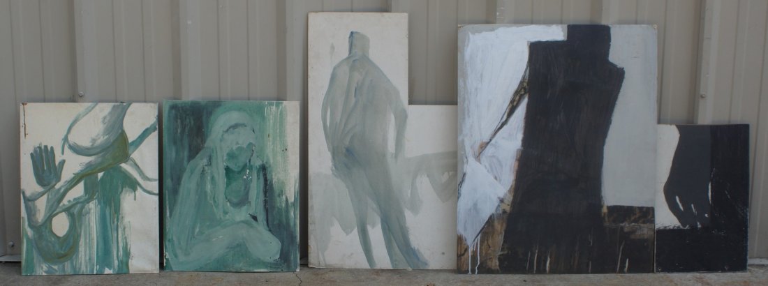 Tom Bostelle, American, PA, 1921-2005, ((5) Abstract: Tom Bostelle, American, PA, 1921-2005, ((5) Abstract Figures, Acrylic on board: Largest measuring: 29" x 23"; Smallest measuring: 17" x 11", Bears estate stamp and accompanied by letter of authenticit