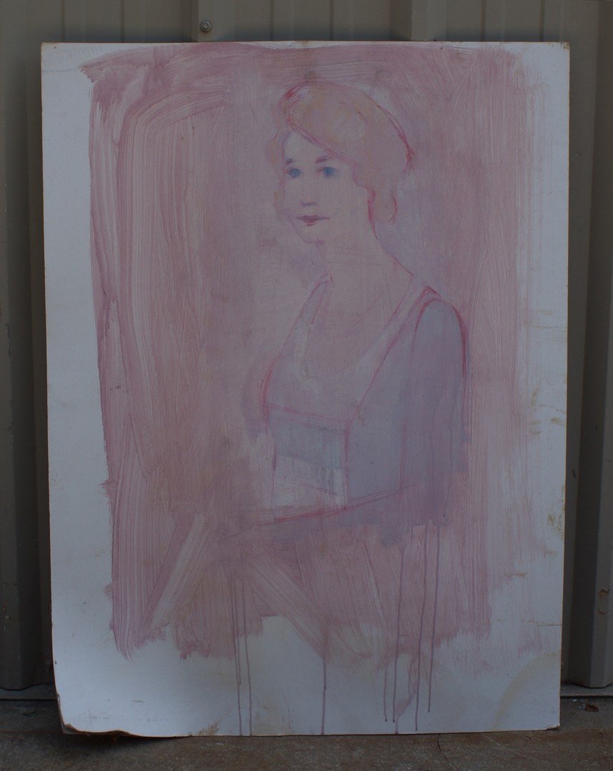 Tom Bostelle, American, PA, 1921-2005, Mixed media on: Tom Bostelle, American, PA, 1921-2005, Mixed media on board, Portrait of Woman in Pink, 40" x 30", Bears estate stamp and accompanied by letter of authenticity from the artist's estate