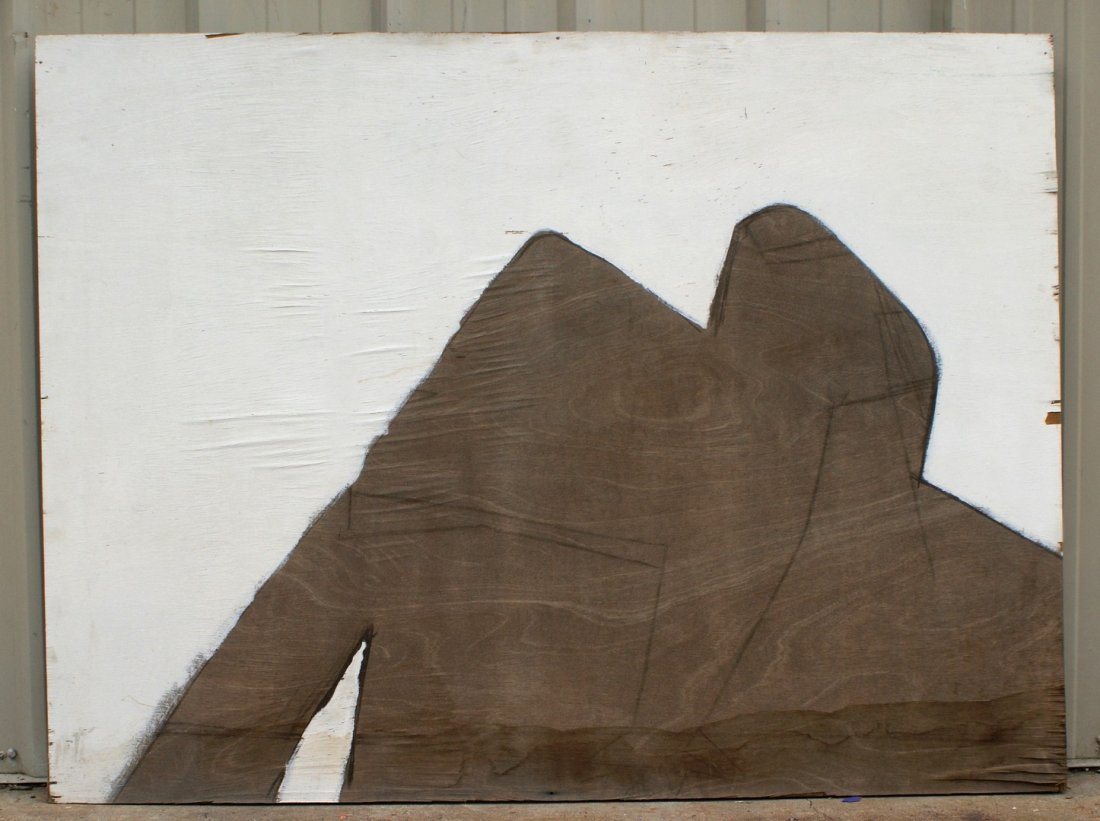 Tom Bostelle, American, PA, 1921-2005, Acrylic on: Tom Bostelle, American, PA, 1921-2005, Acrylic on luaun, Wooden man on white background, 48"x64", Water damage at bottom, Bears estate stamp and accompanied by letter of authenticity from the artist s