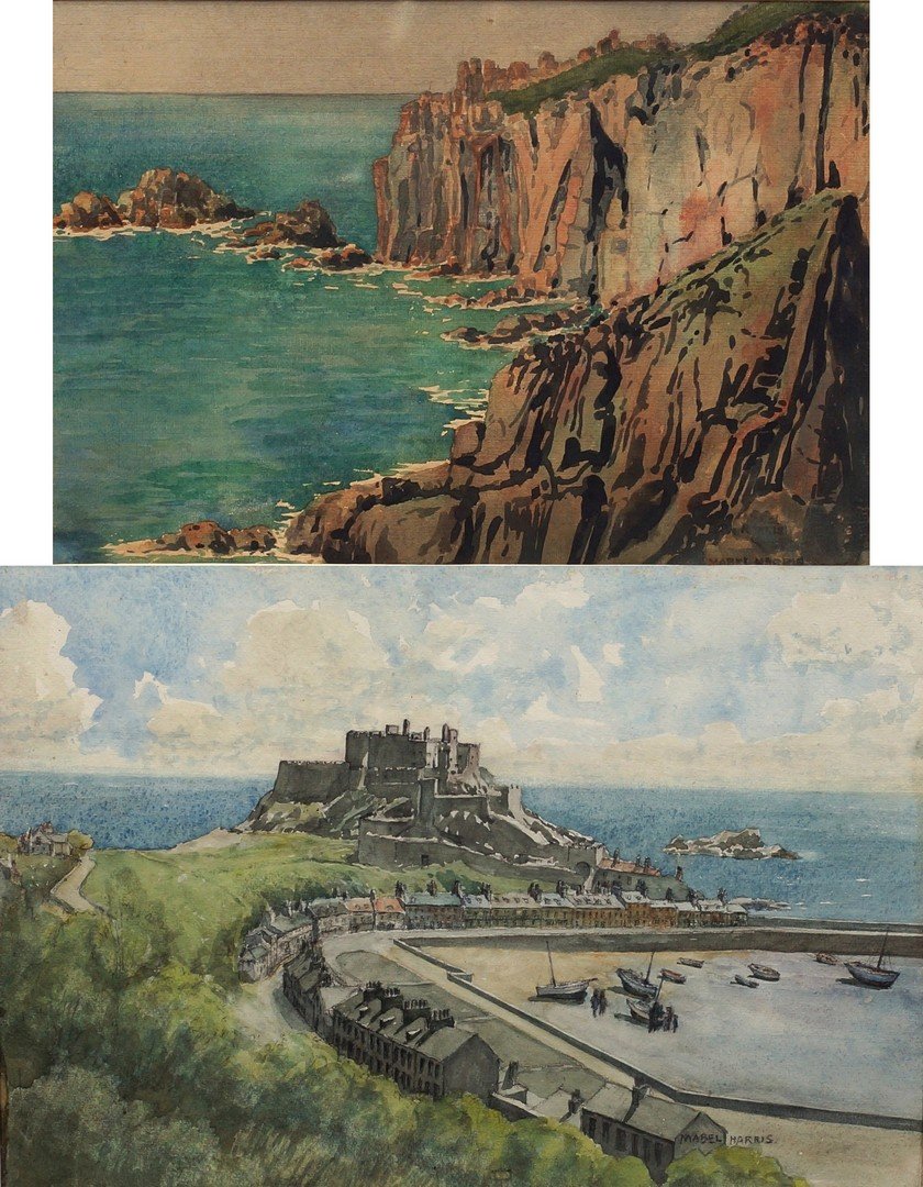 (2) Mabel Harris, British, Early 20th Century,: (2) Mabel Harris, British, Early 20th Century, Watercolor, Both Unframed: Seascape, Painting on verso of St. Ethelburger Church, Bishopsgate, 9 3/4" x 14" sight size; Landscape with Port and Castle, S