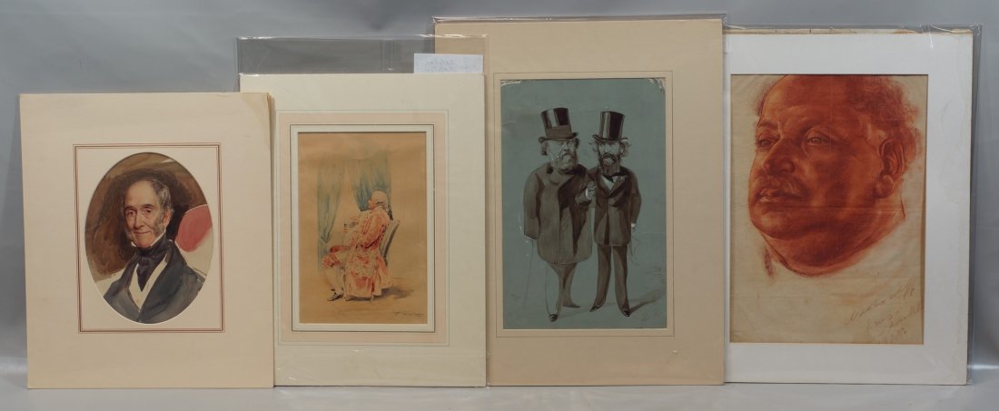 (3) British School, 19th/20th Century, Portraits of: (3) British School, 19th/20th Century, Portraits of Men, watercolor, all unframed: J Matetin, "The Snuff Taker", signed lower right, 11" x 7 3/8" sight size; Alfred Bryan, 1852-1899, Caricatures of Tw