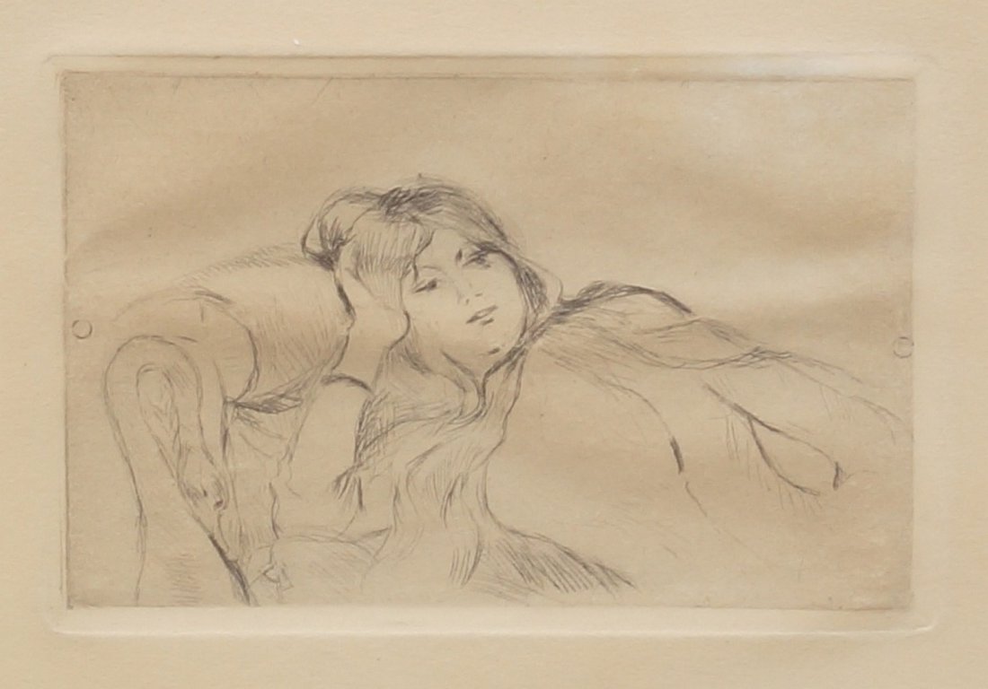 Berthe Morisot, French, 1841-1895, dry point etching,: Berthe Morisot, French, 1841-1895, dry point etching, Girl Resting pencil signed lower right, 3 1/8" x 4 7/8" plate size, even toning to paper, some creasing to paper in image