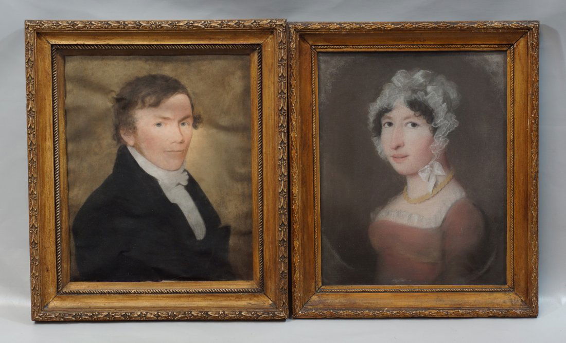 (2) British School, Early 19th Century, Pastel on: (2) British School, Early 19th Century, Pastel on vellum, Portraits of Gentleman and Lady, Each measures: 12" x10" sight size, 16 1/4" x 14" framed, Man's portrait has buckled due to contraction of th
