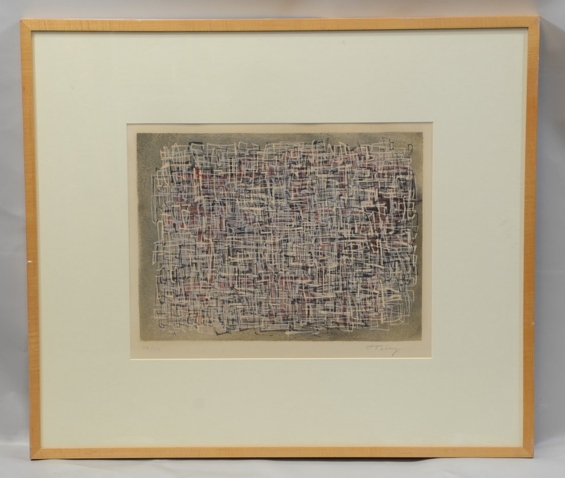 Mark Tobey, American, 1890-1976, Lithograph in colors,: Mark Tobey, American, 1890-1976, Lithograph in colors, "Timeless World", Signed lower right, Edition 106/150, Glazed, matted, framed, 12 1/2" x 16" sight size
