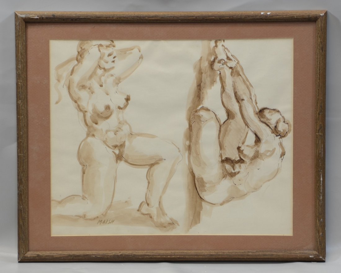 Reginald Marsh, American, 1898 - 1954, Ink on paper,: Reginald Marsh, American, 1898 - 1954, Ink on paper, Two Nudes, Signed lower left, Glazed, matted and framed, 13 1/4" x 16 1/4"