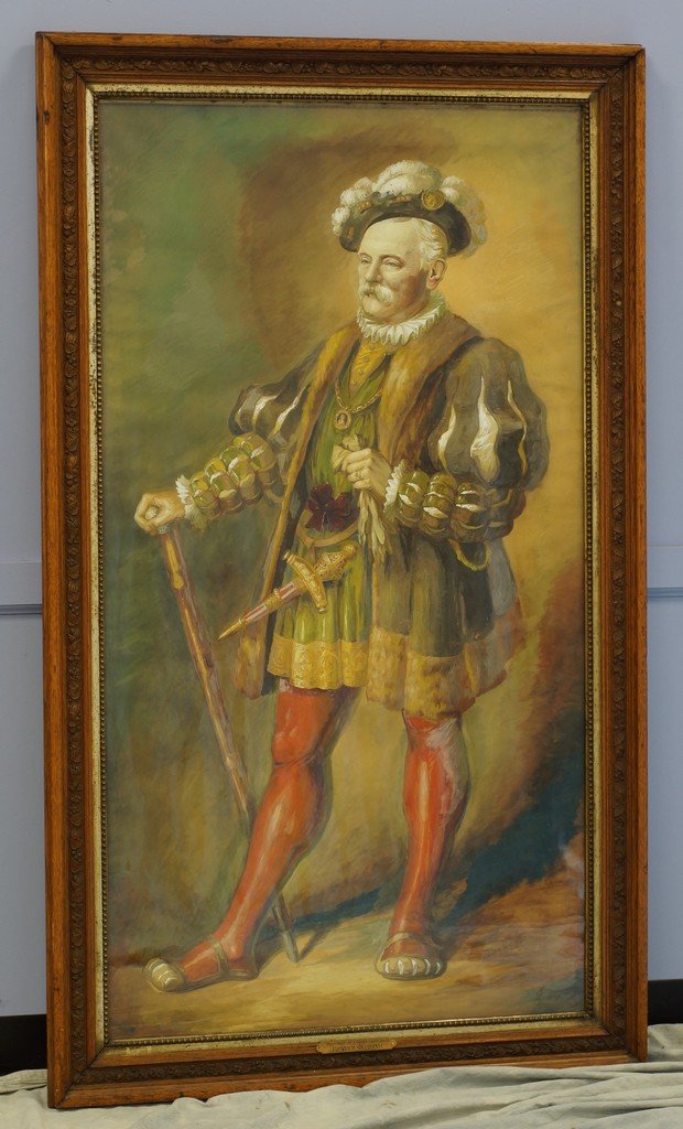 Continental school, 19th c, mixed media, Portrait of a: Continental school, 19th c, mixed media, Portrait of a Court Gentleman, Unsigned, bearing a tag engraved "Hickisch Gassinam", in an oak frame with gilt plaster border, 57" x 31" sight size , some area
