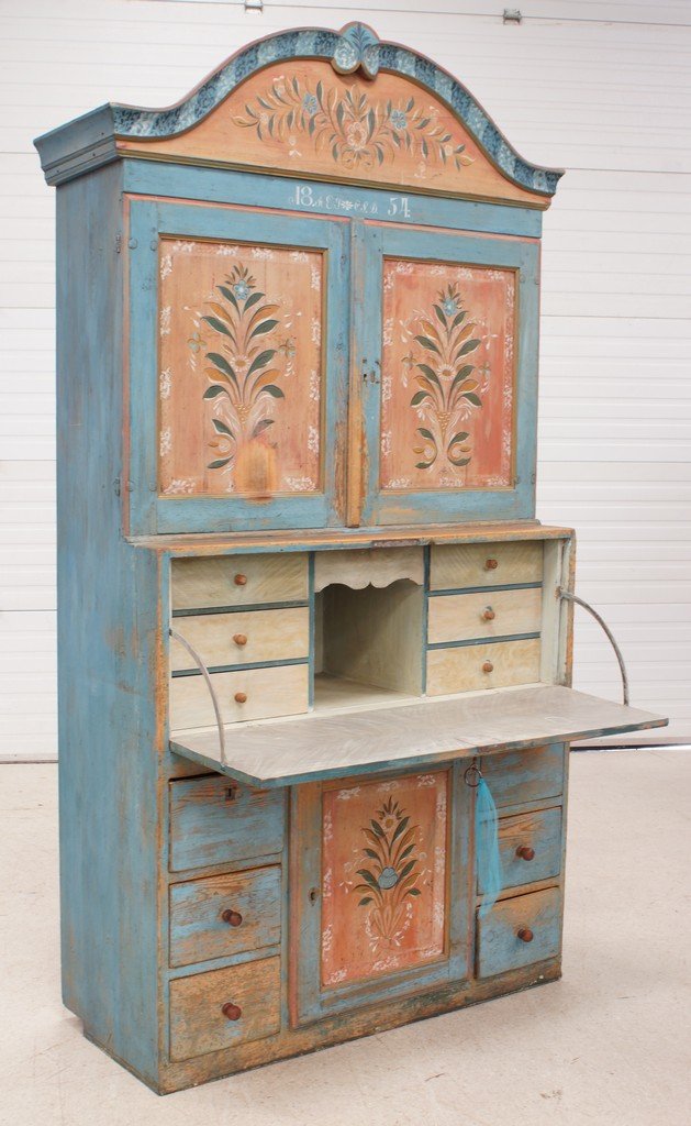 Painted pine Scandinavian butler's secretary desk,: Painted pine Scandinavian butler's secretary desk, floral painted decoration, with powder blue styles, moldings, & ends, vertical fall front covering a desk interior with 6 drawers, paint loss to fron