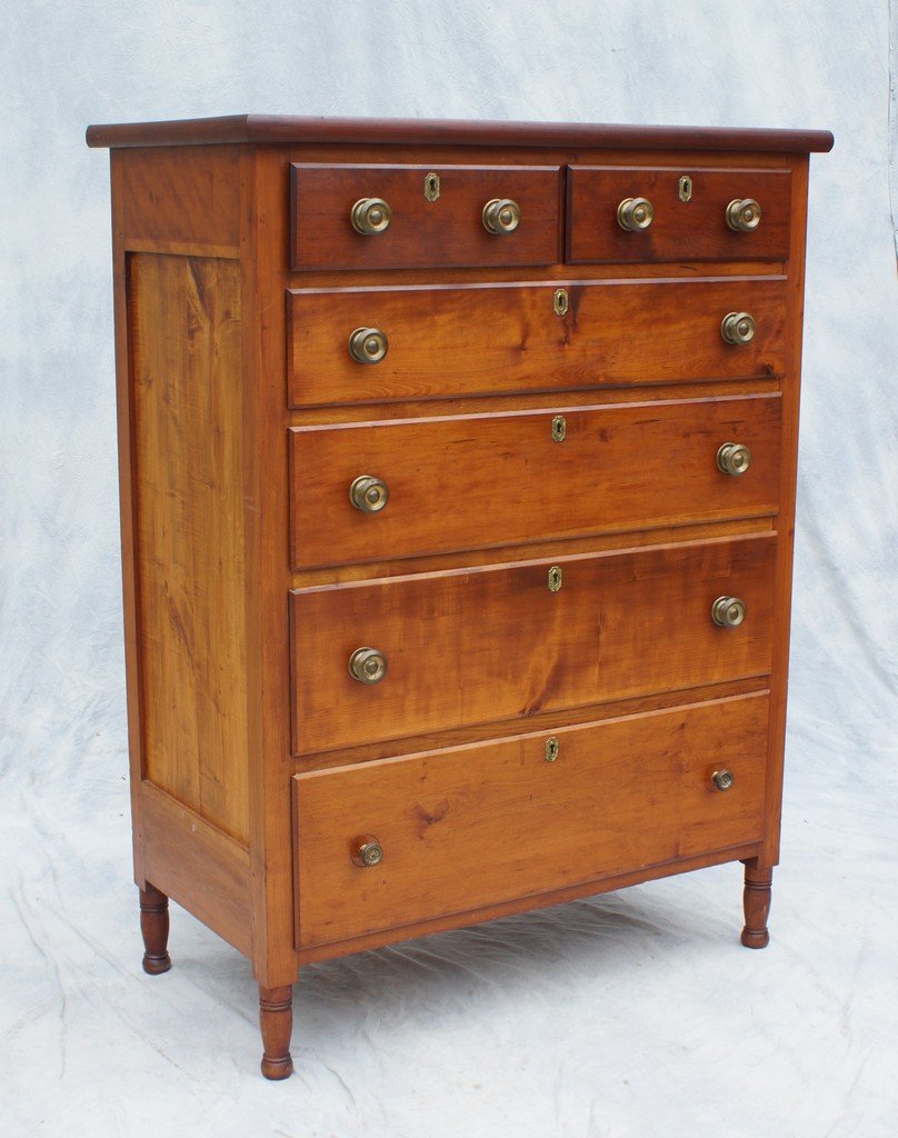 Cherry Sheraton, 2/4 Tall chest of drawers, replaced: Cherry Sheraton, 2/4 Tall chest of drawers, replaced brass pulls, paneled end, 39 1/8" w, 55 1/2" h, 20"d