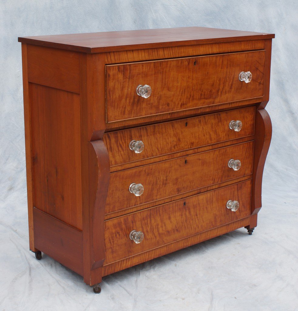 Cherry and Figured Maple Empire Swell Front bureau, 4: Cherry and Figured Maple Empire Swell Front bureau, 4 reverse -graduated drawers with Sandwich glass pulls, lacking turned ledge, 41 3/4" w, 41" h, 21" d