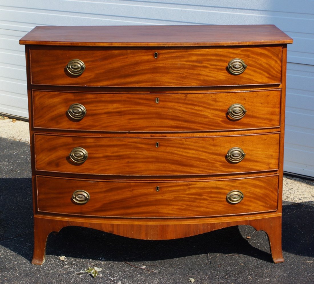 American Hepplewhite mahogany bowfront 4 drawer chest,: American Hepplewhite mahogany bowfront 4 drawer chest, circa 1790, 36" h, 41" w, 22" d