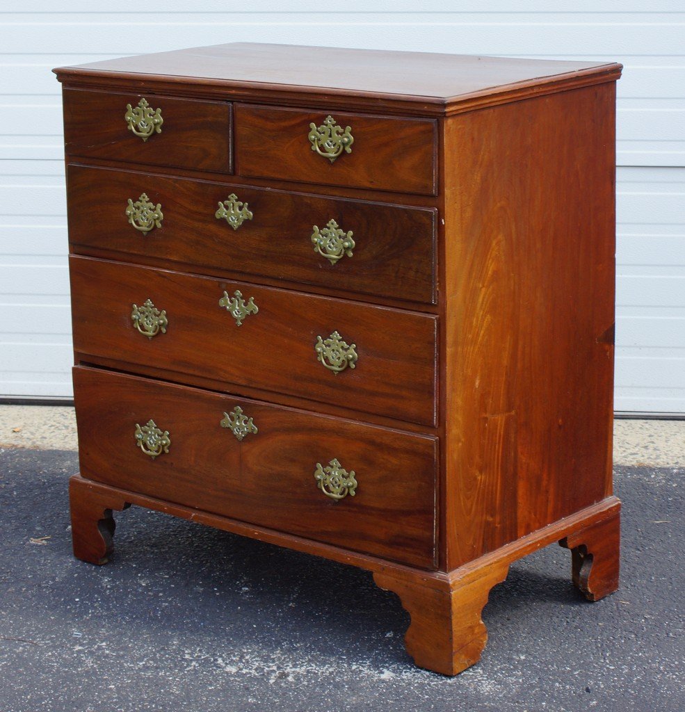 Georgian mahogany 2 over 3 drawer bureau, probably: Georgian mahogany 2 over 3 drawer bureau, probably original brasses, all raised on straight bracket base, English, 18th c, some scuffing, top has shrinkage cracks, 39" h, 36" w, 20" d
