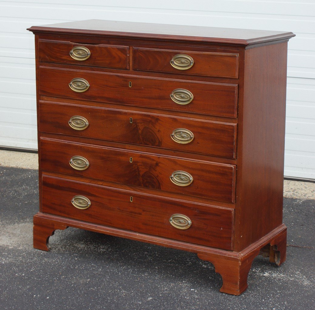 Georgian mahogany 2 over 4 drawer bureau with lipped: Georgian mahogany 2 over 4 drawer bureau with lipped drawers, replaced brasses, some drawer patches, raised on straight bracket legs, rear foot facing and some glue blocks replaced, English, 18th c, t
