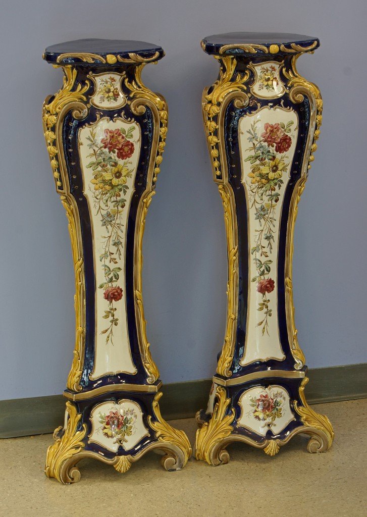 Pr Villeroy & Boch, Dresden earthenware tripartite form: Pr Villeroy & Boch, Dresden earthenware tripartite form majolica pedestals, cobalt field with ivory transfer floral decorated panels to each side, with gilt & tan corners and base, 41-1/2" high, 12" w