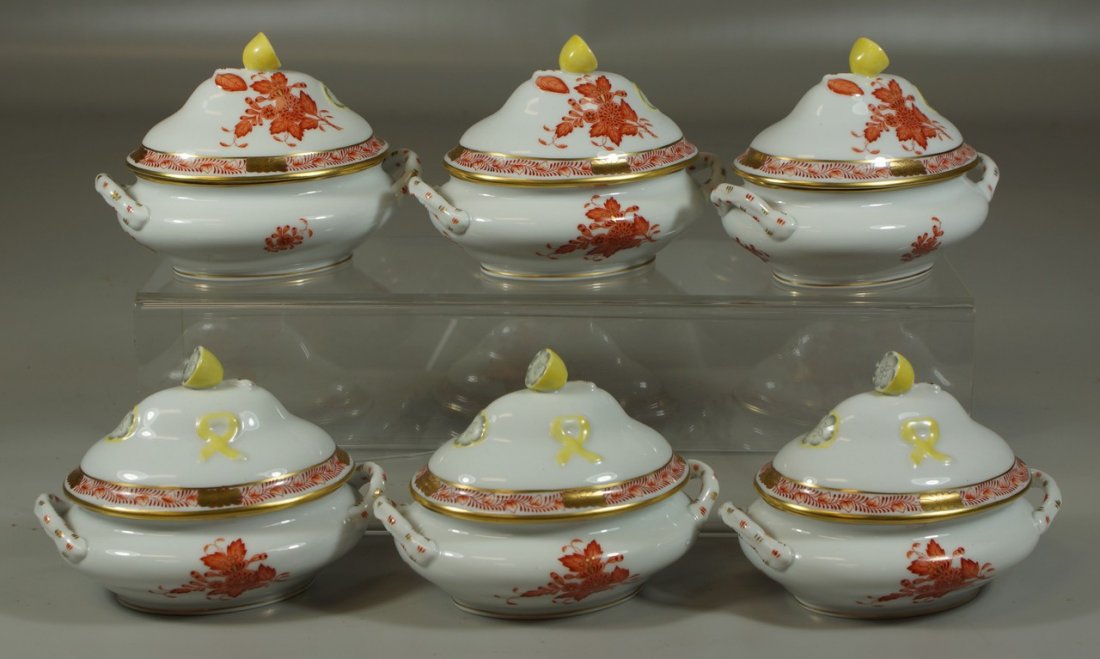 6 Herend Chinese Bouquet-Rust individual sauce boats: 6 Herend Chinese Bouquet-Rust individual sauce boats with lid, lemon finial, 5 1/4" long, 6017/ROG
