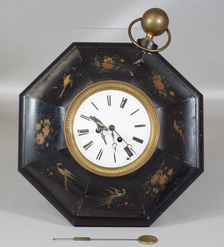 French paint decorated toleware wall clock, octagonal,: French paint decorated toleware wall clock, octagonal, floral and bird of paradise decoration, white porcelain dial, light scratched a and imperfections, time and strike, runs when wound, 14" d, 5 1/2
