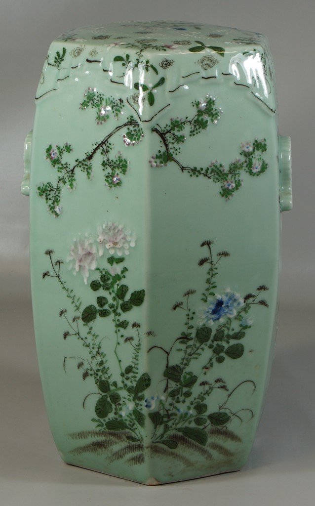 Enameled Celadon garden seat, pierced handles at sides: Enameled Celadon garden seat, pierced handles at sides of the swelled hexagonal body, 20 1/2" tall , 11" max width