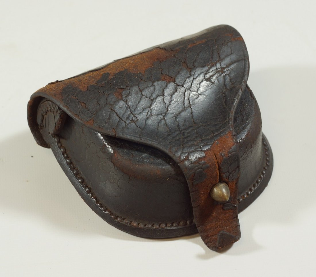 American Civil War leather cap box, marked "Gaylord,: American Civil War leather cap box, marked "Gaylord, Chicopee, Mass", flaking on cover, with fleece, 3 3/4" w and h