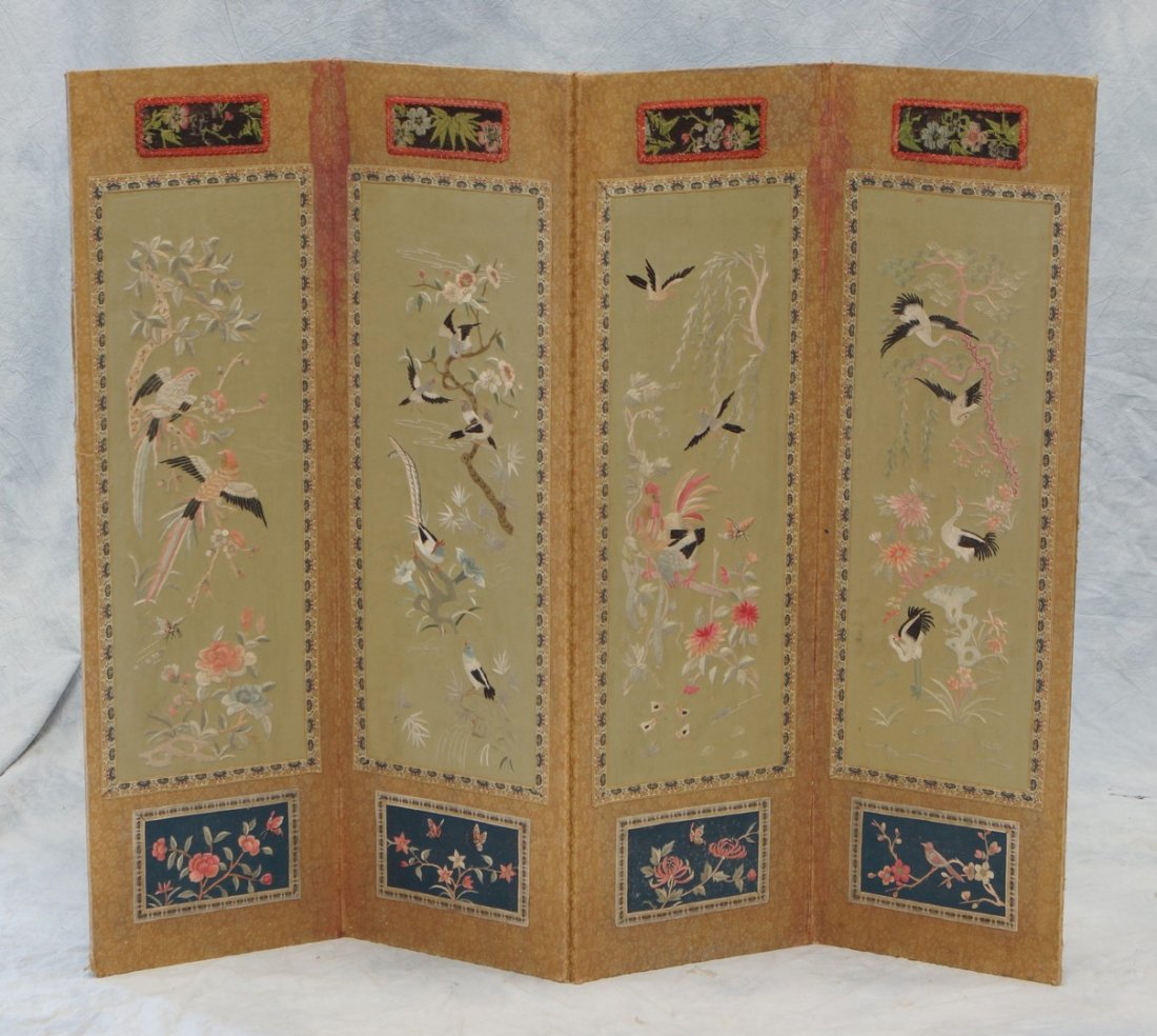 4-Fold Chinese screen with embroidery to front,: 4-Fold Chinese screen with embroidery to front, calligraphy to back, each panel 9-1/2" x 31-3/4"