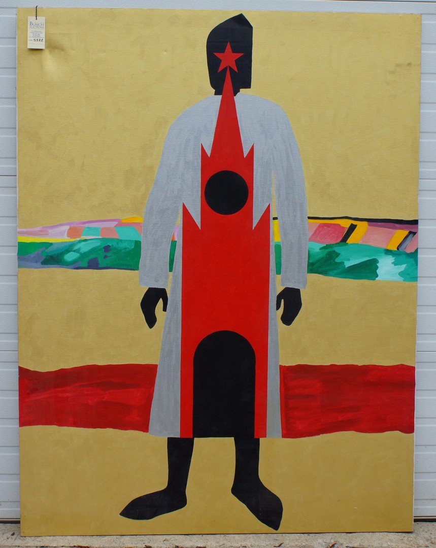 Gorevich, Late 20th Century, Late Cloaked figure in: Gorevich, Late 20th Century, Late Cloaked figure in landscape with Soviet star in the head of the figure, 71" x 54"
