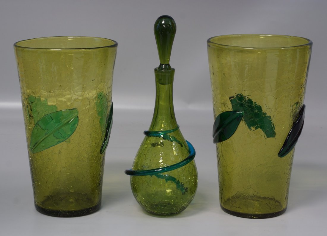 Pr Blenko Glass olive and aqua tapered vases, 12 3/4": Pr Blenko Glass olive and aqua tapered vases, 12 3/4" height, along with Blenko glass olive decanter with blue coil decoration, decanter with paper tag, 15" height