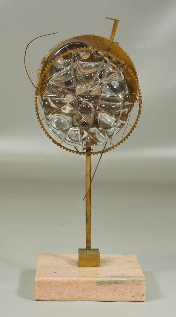 Grover Hendricks glass and bronze sculpture, 12" h: Grover Hendricks glass and bronze sculpture, "Double Glass", glass and bronze with netting on pink marble base, unsigned, purchased from artist, 12" height