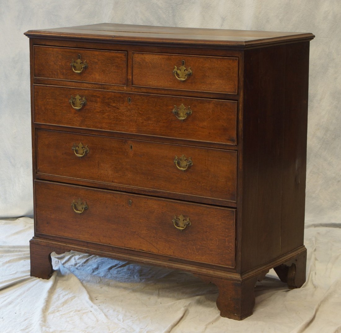 Oak Georgian 2 over 3 bureau with bracket feet, 41" h,: Oak Georgian 2 over 3 bureau with bracket feet, 41" h, 20-1/2" d, 41-1/2" w, top with shrinkage cracks