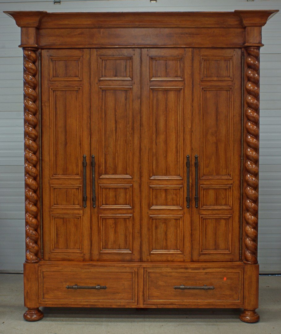 Bausman & Co Plasma TV Cabinet: Bausman & Co Plasma TV Cabinet with bifold receding doors, designed for 50\" plasma TV, with 2 exterior drawers, four interior drawers fitted for CD/DVD storage, 2 pullout component racks, overall 102