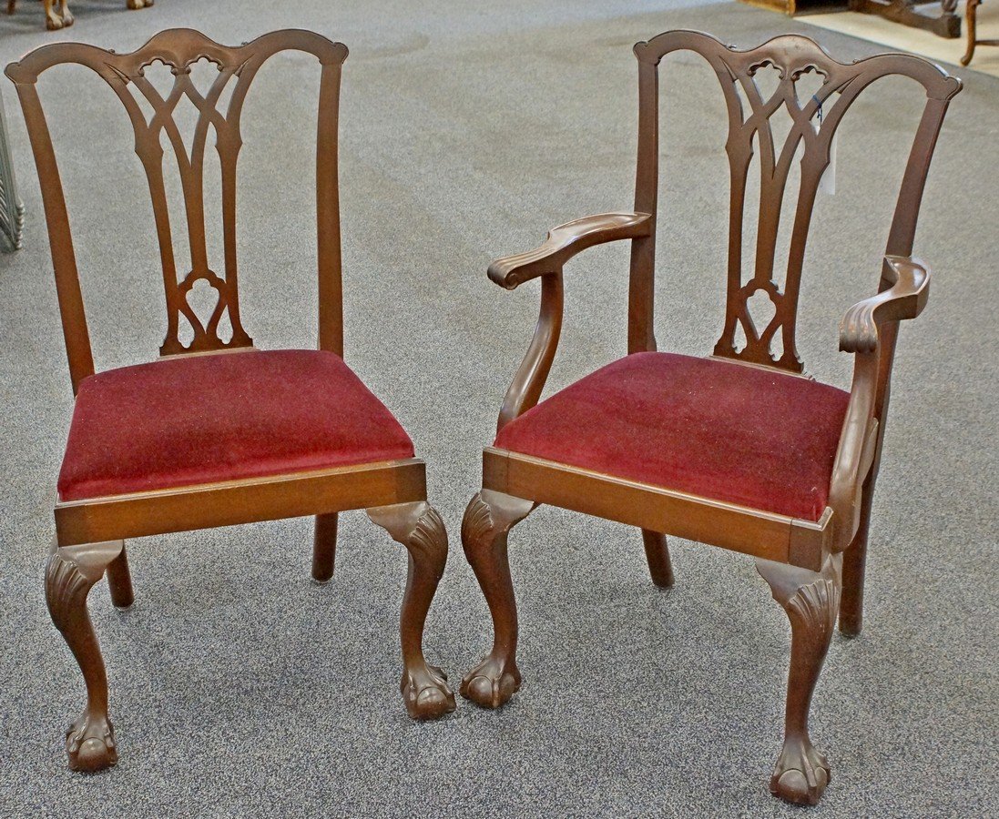 (6) Philadelphia Chippendale style DR chairs: (6) Philadelphia Chippendale style DR chairs, by Ferdinand Keller, custom maker, shell carved knees, pierced gothic style backs, 2 with arms, 38" tall, early-mid 20th c, slip seats, in good original f