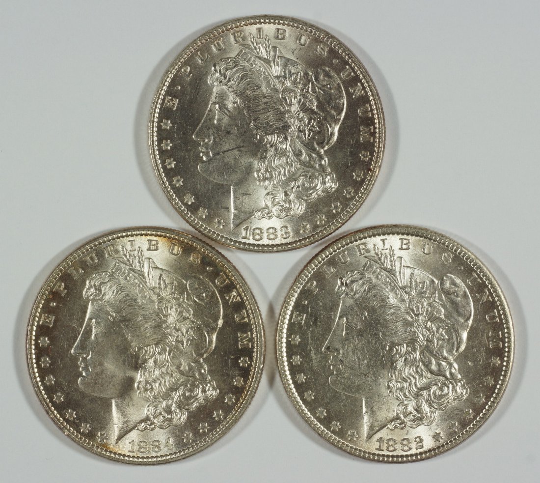 (3) Morgan dollars MS60 to MS63 1882, 1883 & 1884 Nice: (3) Morgan dollars MS60 to MS63 1882, 1883 & 1884 Nice bright coins