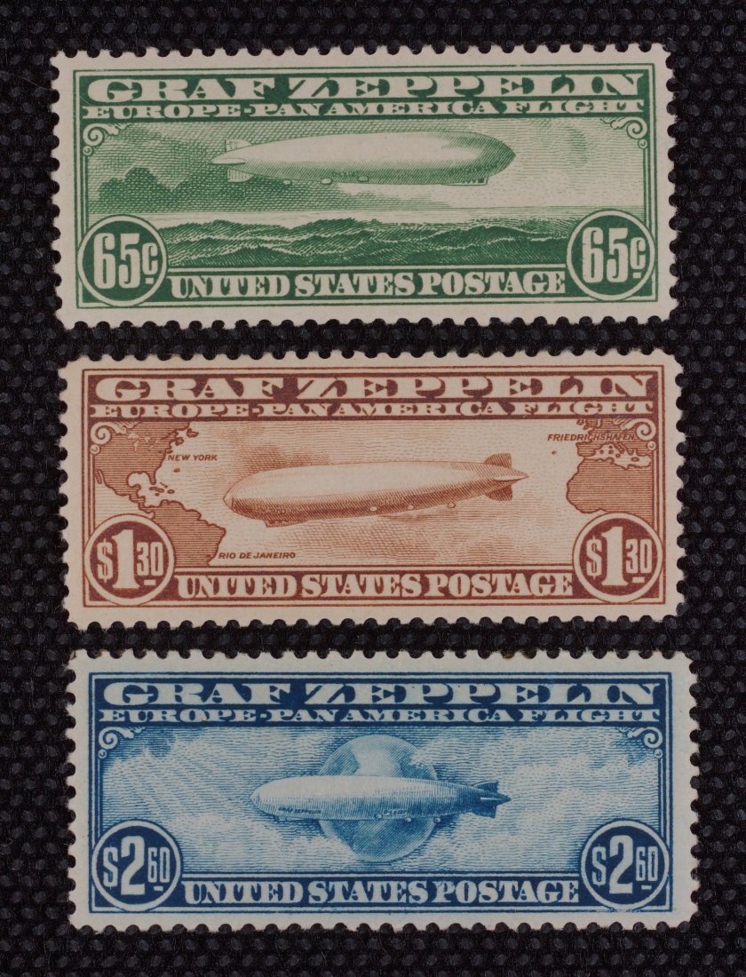 US Graf Zeppelin issue unused Scott #C13-C15 part gum: US Graf Zeppelin issue unused Scott #C13-C15 part gum (about 50%) otherwise beautiful VF fresh set exceptional centering on the high value as a hinged set: $1155