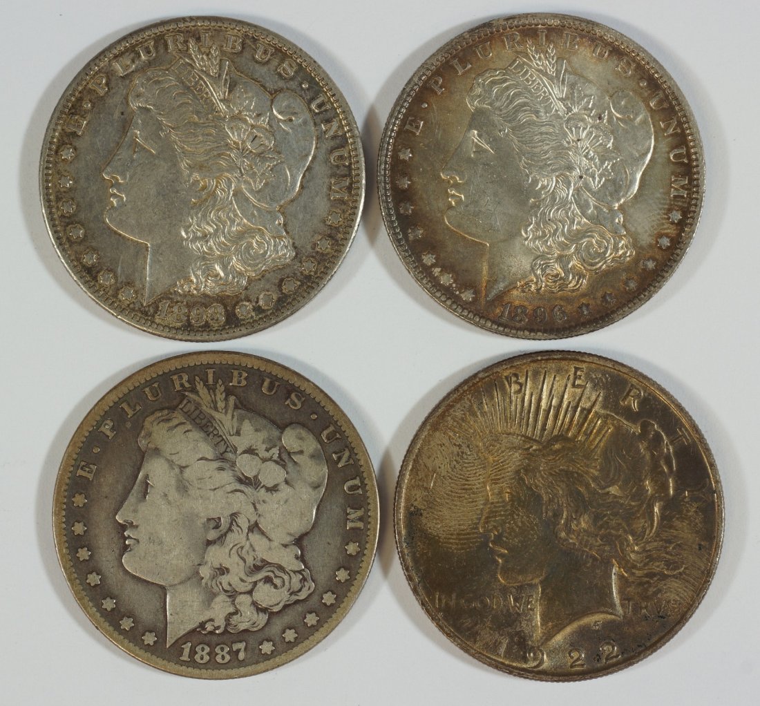 (3) Morgan dollars 1887o (VG), 1893s (EF) & 1896: (3) Morgan dollars 1887o (VG), 1893s (EF) & 1896 (MS6o+) and a 1922 Peace dollar (MS6o)