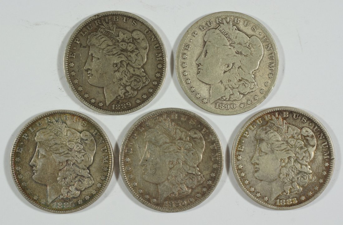 (5) Different date Morgan dollars, Good to EF, 1880,: (5) Different date Morgan dollars, Good to EF, 1880, 1883, 1889, and 1890o