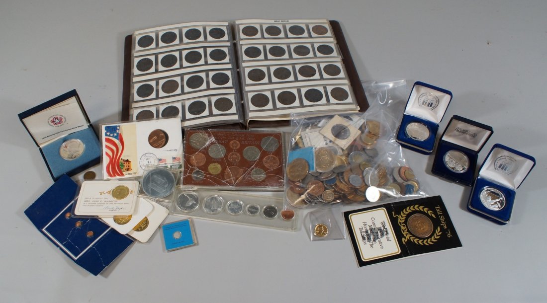 Carton accumulation , including a few 100 non-silver: Carton accumulation , including a few 100 non-silver foreign coins and modern medals, and album of assorted other foreign coins, 1967 Canada mint set, odds and ends, etc