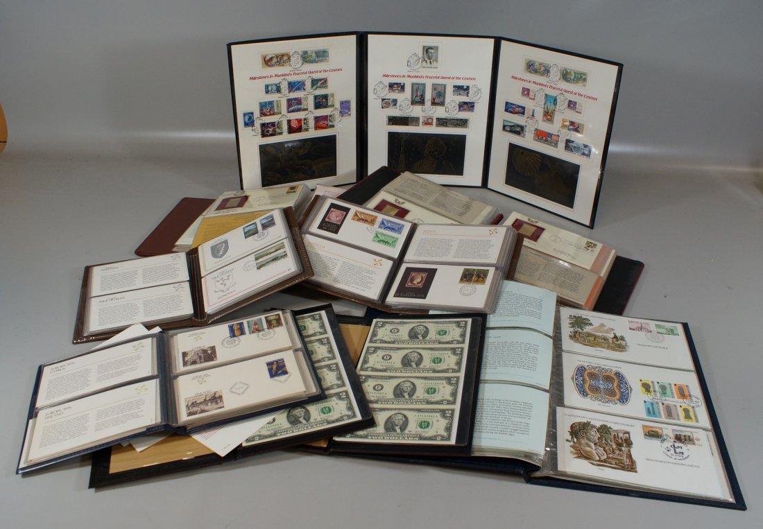 Several 100 US and foreign First Day covers and other: Several 100 US and foreign First Day covers and other items in plush commercial albums, including 1976 to 1979 Europa issues; 1980s golden replicas with the 1984 Olympics; (2) sheets of 4 notes, each 