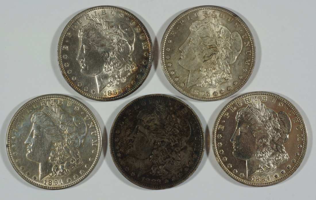 Lot of (5) Morgan dollars EF to AU 1882, (2) 1884,: Lot of (5) Morgan dollars EF to AU 1882, (2) 1884, 1891, 1896