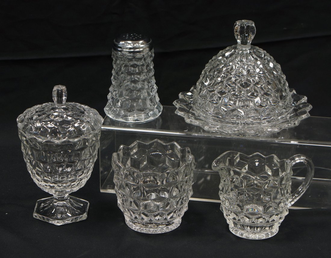 American Fostoria 5 piece table service: covered: American Fostoria 5 piece table service: covered butter, covered sugar, creamer, spooner and muffineer