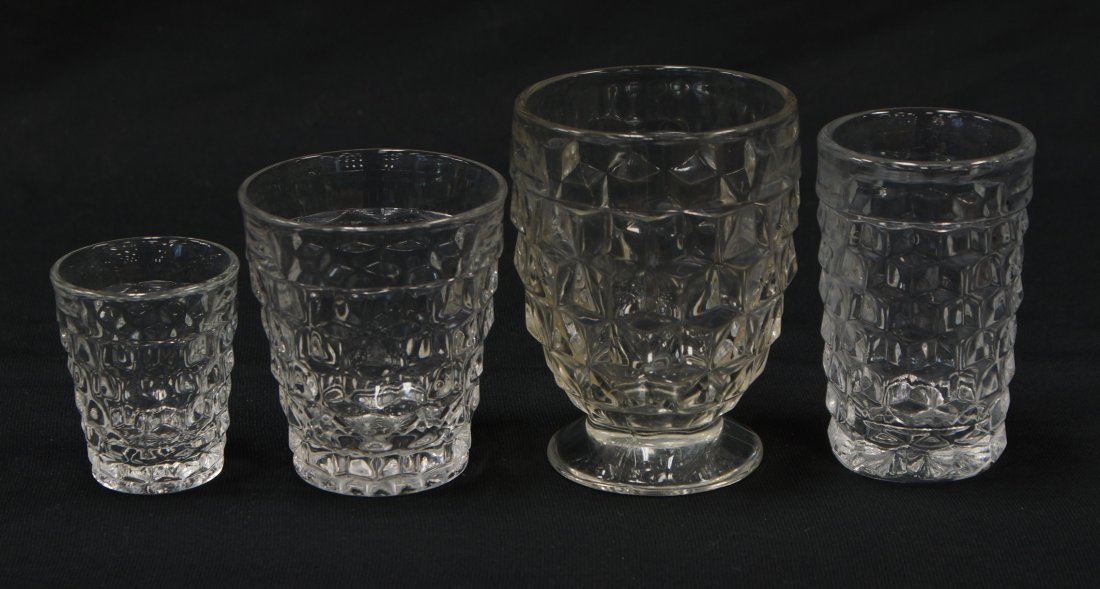 American Fostoria 52 pieces: 12 whiskey 2 1/2", 12: American Fostoria 52 pieces: 12 whiskey 2 1/2", 12 juice glasses 3 3/4", 13 old fashioned 3 1/4", 15 footed tumblers 4 1/2"