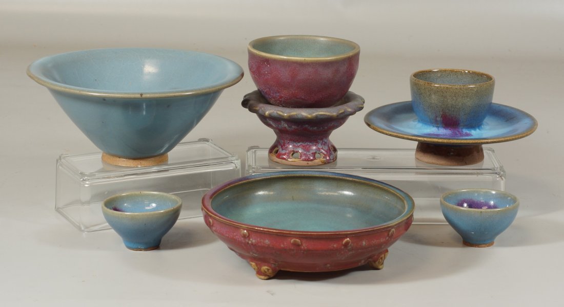 6 Pcs assorted Chinese Jun ware to include 2 bowls, 2: 6 Pcs assorted Chinese Jun ware to include 2 bowls, 2 censers, 2 wine cups, largest 7 1/4" dia