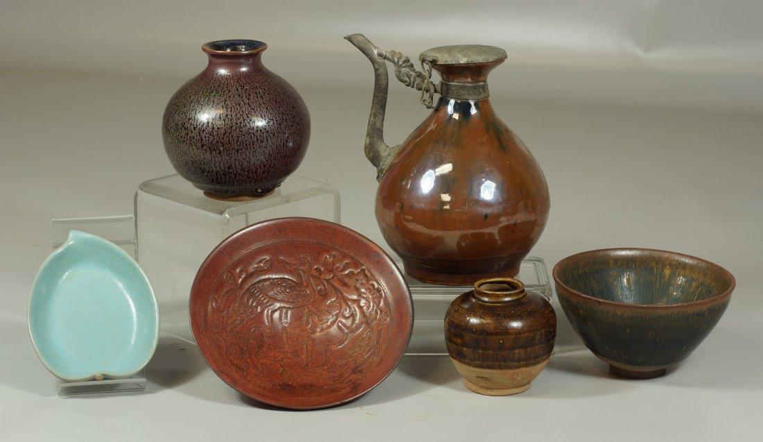 6 Pcs Chinese pottery to include hare's fur bowl,: 6 Pcs Chinese pottery to include hare's fur bowl, russet duck bowl, oil spot vase, Song style jarlet, Jun ware leaf dish, pot with metal lid, tallest 6 1/2" h